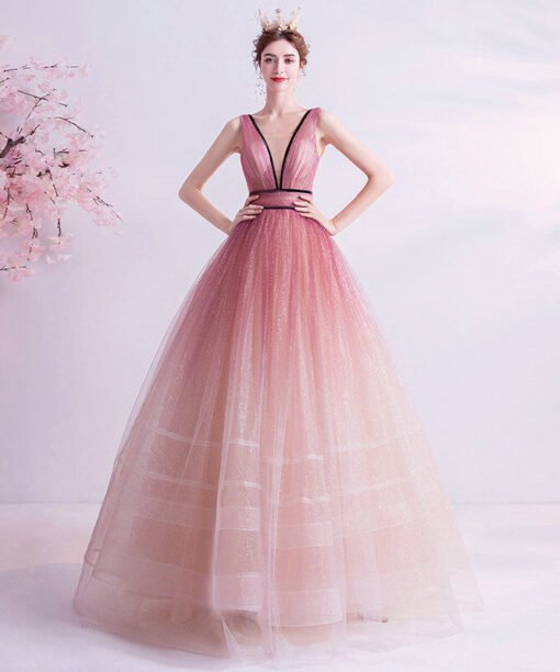 pink v neck prom ball gown 1114-2