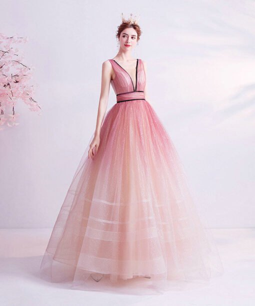 pink v neck prom ball gown 1114-6