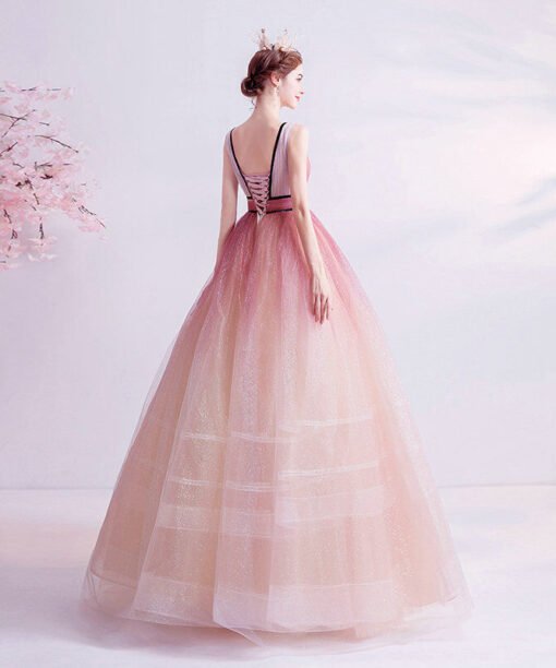 pink v neck prom ball gown 1114-7