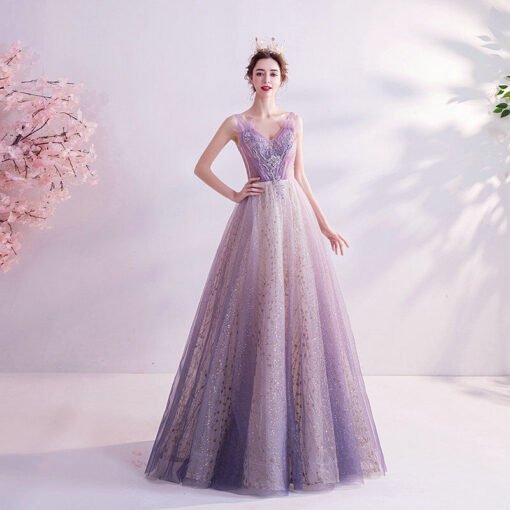 Purple Bling Prom Dress V Neck Strap Ball Gown Formal Dress - Image 3