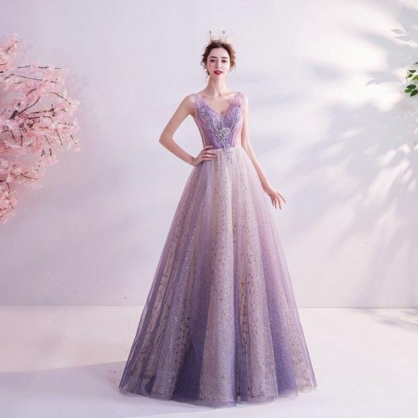 Purple Bling Prom Dress V Neck Strap Ball Gown Formal Dress - Image 3