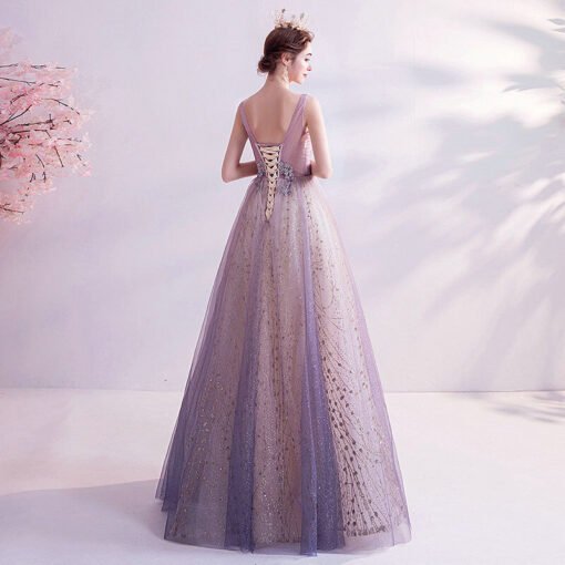 Purple Bling Prom Dress V Neck Strap Ball Gown Formal Dress - Image 2