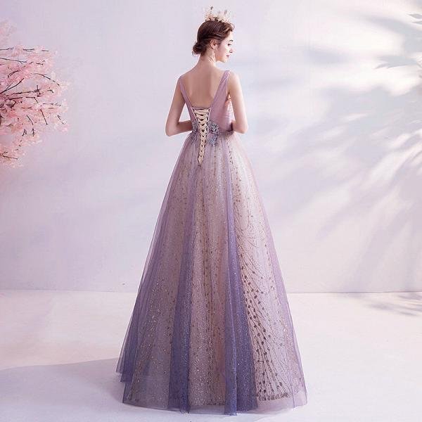 Purple Bling Prom Dress V Neck Strap Ball Gown Formal Dress - Image 2