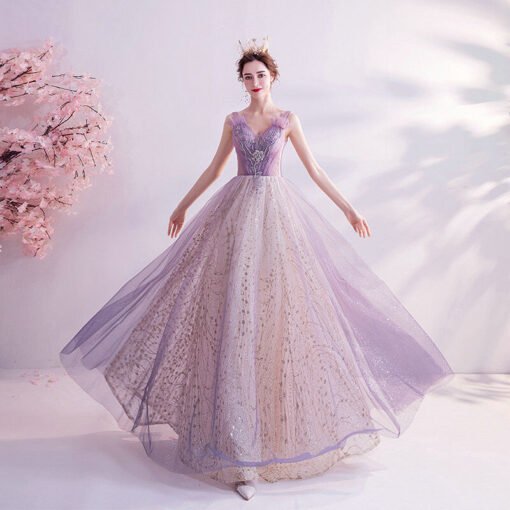 Purple Bling Prom Dress V Neck Strap Ball Gown Formal Dress - Image 9