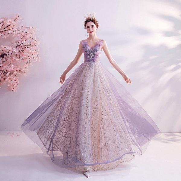 Purple Bling Prom Dress V Neck Strap Ball Gown Formal Dress - Image 9