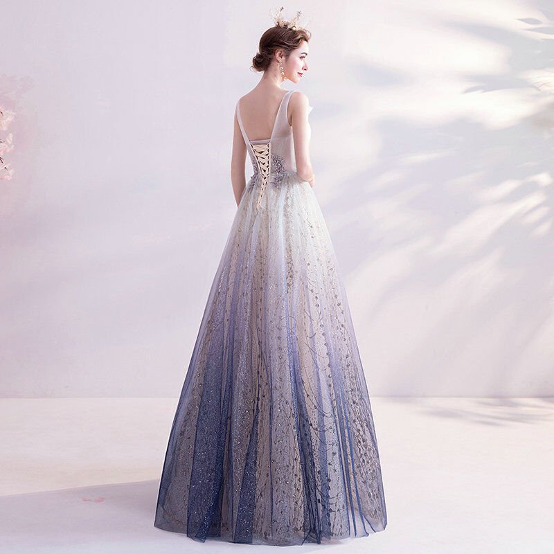 purple and white prom dress