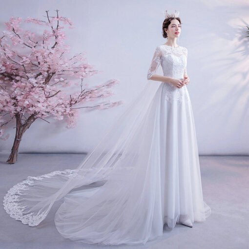 White Lace Wedding Dress A Line Removable Cape Bridal Dress - Image 9