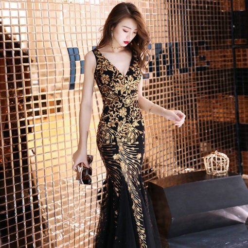 Gold And Black Mermaid Dress V Neck Mermaid Sexy Evening Dress - Image 5