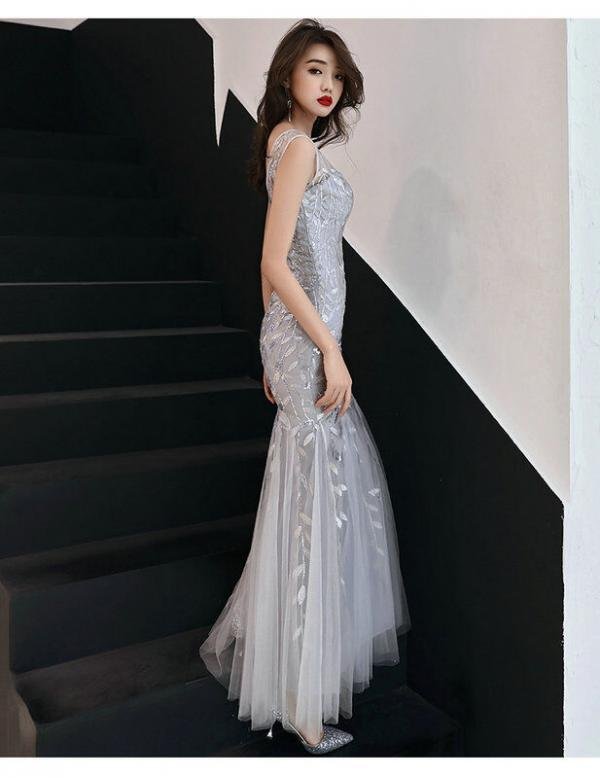 Grey Mermaid Prom Dress V Neck Sexy Evening Dress For Sale - Image 3