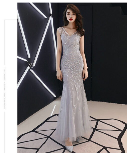 grey mermaid prom dress 1127-006
