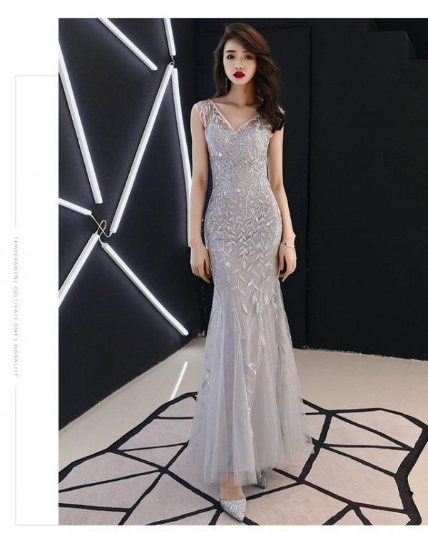 grey mermaid prom dress 1127-006