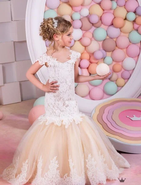 Mermaid Flower Girl Dress Off The Shoulder Lace Kids Bridesmaid Dress