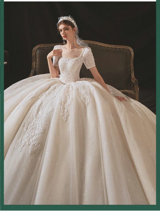 Princess Ball Gown Wedding Dress Short Sleeve Bead Bridal Gown - Image 4