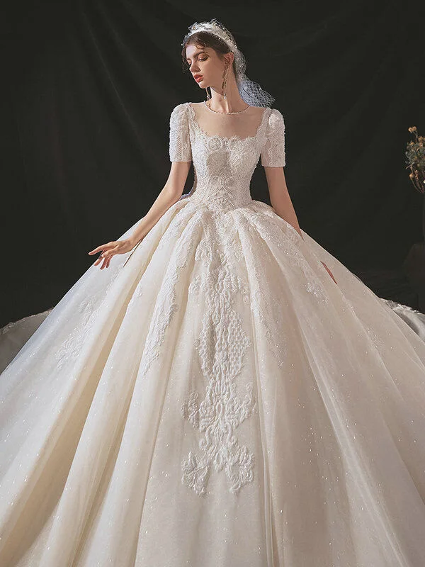 Backless Lace Wedding Dresses Princess Ballgown with Sleeves |Sheergirl.com  – SheerGirl