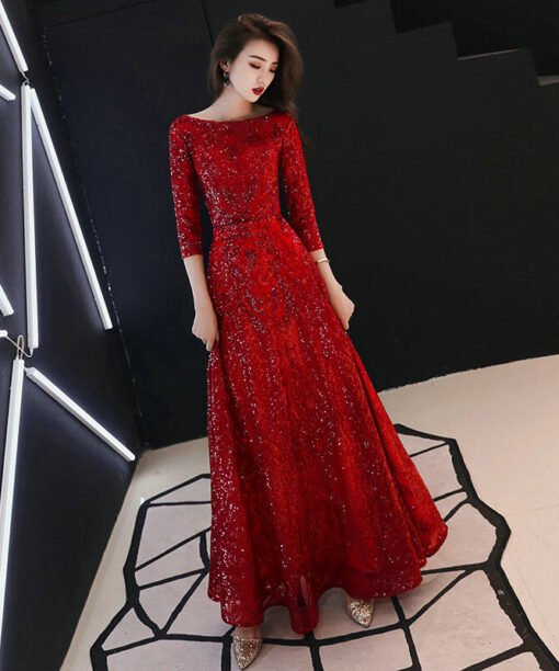 red prom dress with sleeves 1130-001