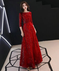 red prom dress with sleeves 1130-004