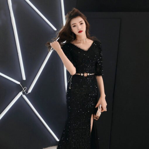 Sexy Black Prom Dress V Neck Mermaid Long Formal Dress For Sale - Image 5