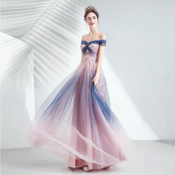 Blue And Pink Prom Dress Off The Shoulder A Line Bling Evening Dress - Image 3