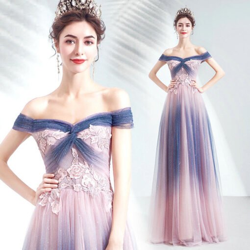 Blue And Pink Prom Dress Off The Shoulder A Line Bling Evening Dress - Image 5