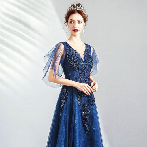 Blue Long Formal Dress V Neck Lace Bead Prom Dress Wholesale - Image 4