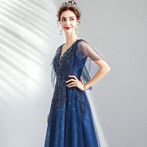 Blue Long Formal Dress V Neck Lace Bead Prom Dress Wholesale - Image 5