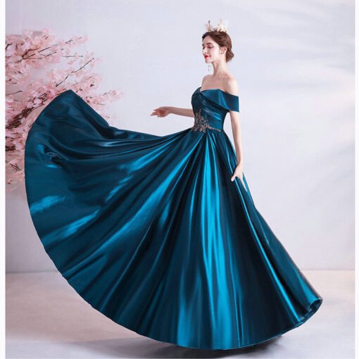 Dark Blue Prom Dresses Off The Shoulder A Lone Long With Pocket - Image 5