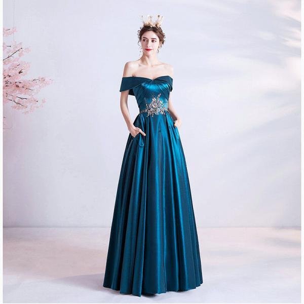 Dark Blue Prom Dresses Off The Shoulder A Lone Long With Pocket - Image 3