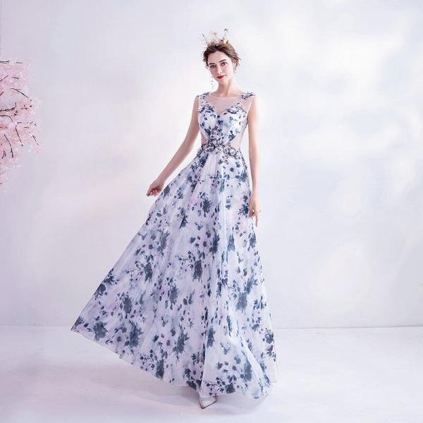 Floral Print Dress Sleeveless A Line Open Back Prom Dress Wholesale - Image 6