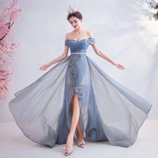 Off The Shoulder Formal Dress Blue Long Evening Dress With Train - Image 7