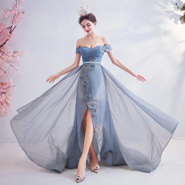 Off The Shoulder Formal Dress Blue Long Evening Dress With Train - Image 7