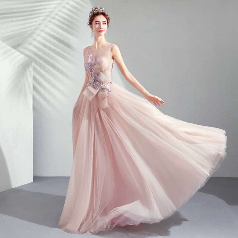 Pink Princess Prom Dress Lace Flowers A Line Formal Dress Sale