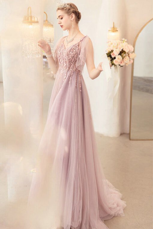 Pink Prom Dress Plus Size V Neck A Line Formal Bridesmaid Dress - Image 5