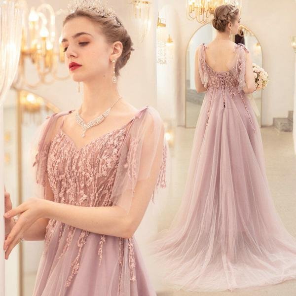 Pink Prom Dress Plus Size V Neck A Line Formal Bridesmaid Dress - Image 4