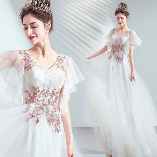 White Prom Dress Red Embroidery A Line Long Formal Dress - Image 4