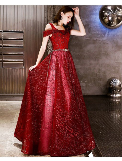 Burgundy Bridesmaid Dress Sparkly A Line Long Prom Dress - Image 4