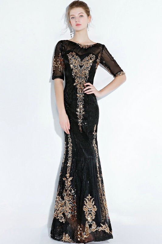 Black And Gold Mermaid Dress With 1/2 Sleeves Evening Dress For Sale