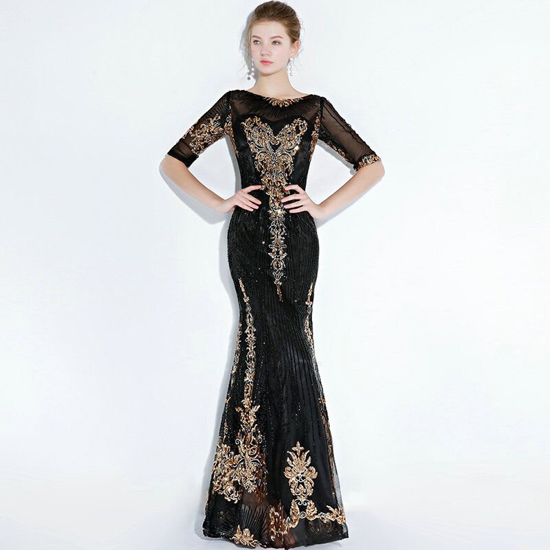 Black And Gold Mermaid Dress With 1/2 Sleeves Evening Dress For Sale