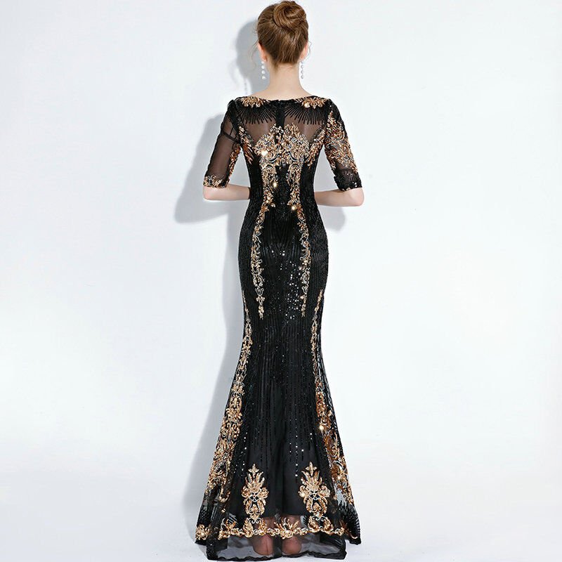 Black And Gold Mermaid Dress With 1/2 Sleeves Evening Dress For Sale