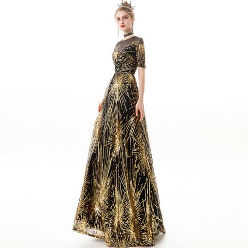 Black And Gold Prom Dress A Line Short Sleeve Formal Dress - Image 3