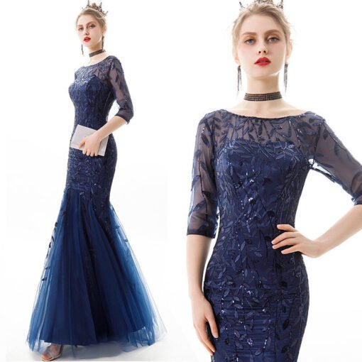 Blue Fishtail Prom Dress Slim Line 1/2 Sleeve Formal Dress