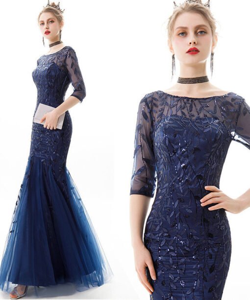 Blue Fishtail Prom Dress Slim Line 1/2 Sleeve Formal Dress