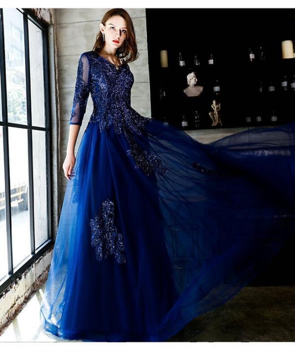 Dark Blue Formal Dress A Line Floor Length With Sleeves - Image 4