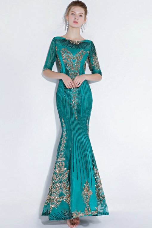 Green Mermaid Prom Dress Gold Paillette Lace Beaded Bridesmaid Dress - Image 5