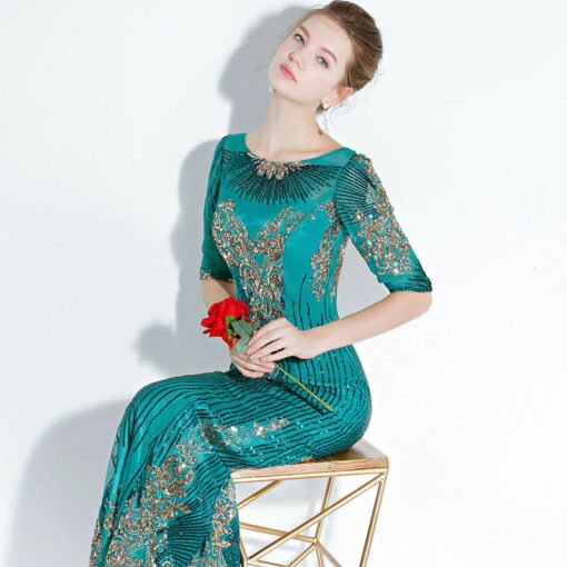 Green Mermaid Prom Dress Gold Paillette Lace Beaded Bridesmaid Dress - Image 3