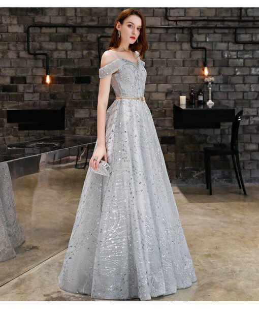Grey Long Formal Dress Off The Shoulder Sparkly Bridesmaid Dress - Image 3