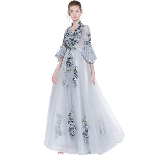 Round collar a line short sleeve long floor length zipper back affordable champagne formal dress with waistband for sale