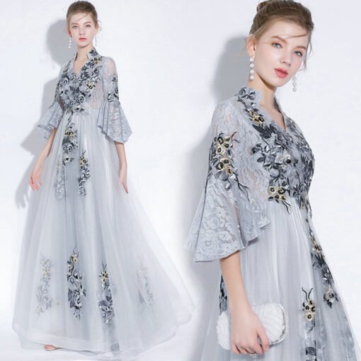 Light Grey Prom Dress V Neck A Line Embroidery Formal Dress - Image 5