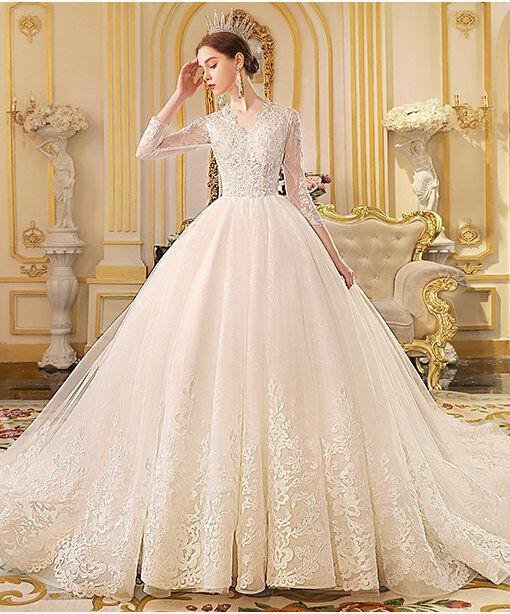 Long Sleeve Lace Wedding Dress Ball Gown With Train