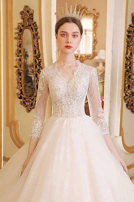 Long Sleeve Lace Wedding Dress Ball Gown With Train - Image 4