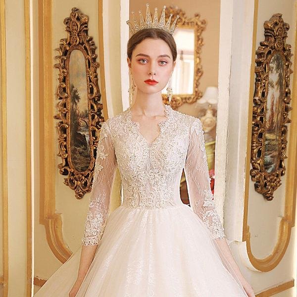 Long Sleeve Lace Wedding Dress Ball Gown With Train - Image 5